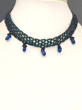 Bule and multi color iridescent seed bead choker with blue glass beads